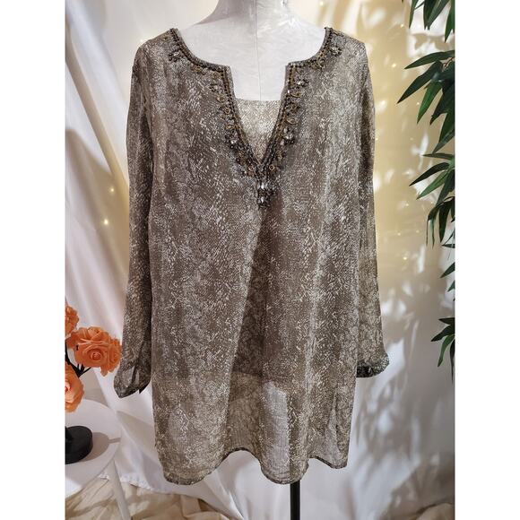 Chicos Snake Print Tunic Top Tank Set Size 3 US XL 16/18 Beaded Sheer Beige - Picture 1 of 10